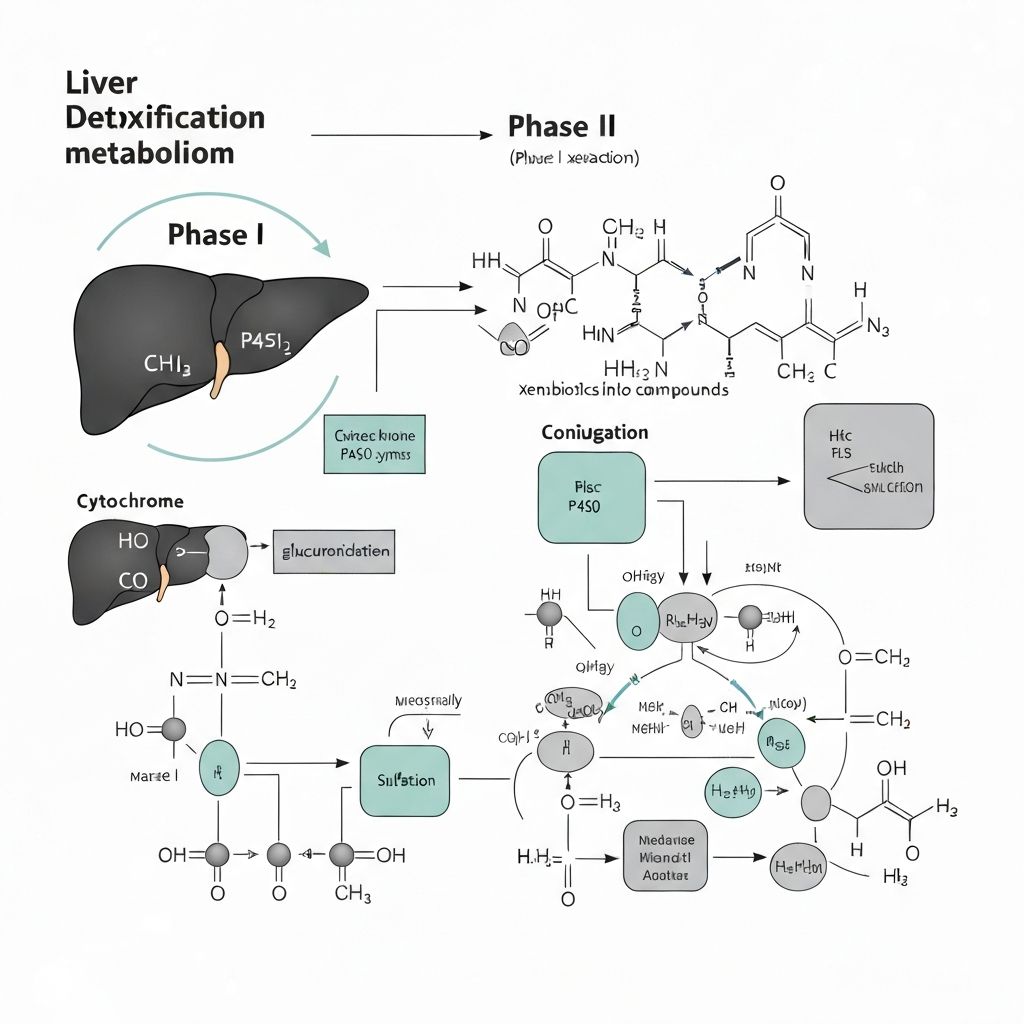 Scientific diagram of liver Phase I and Phase II detoxification metabolic pathways