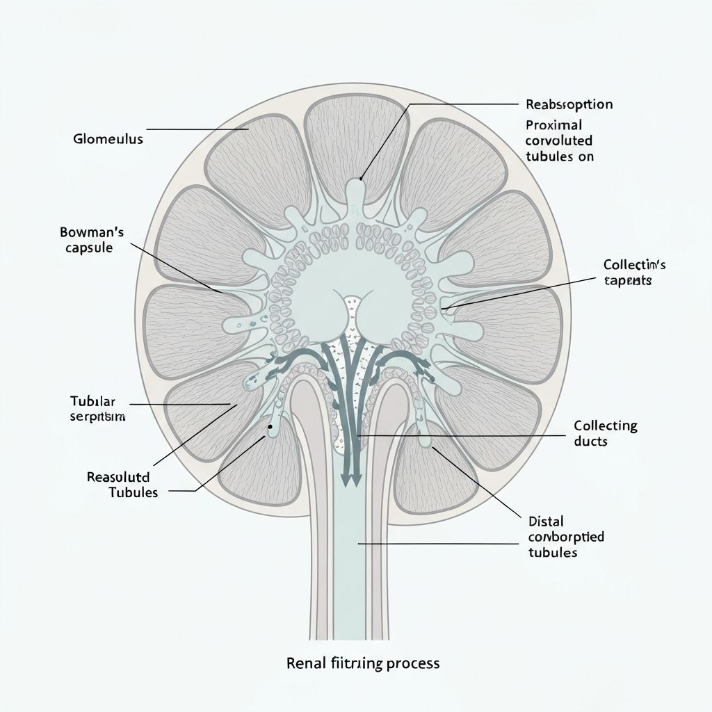 Scientific diagram of kidney glomerular filtration and tubular reabsorption process